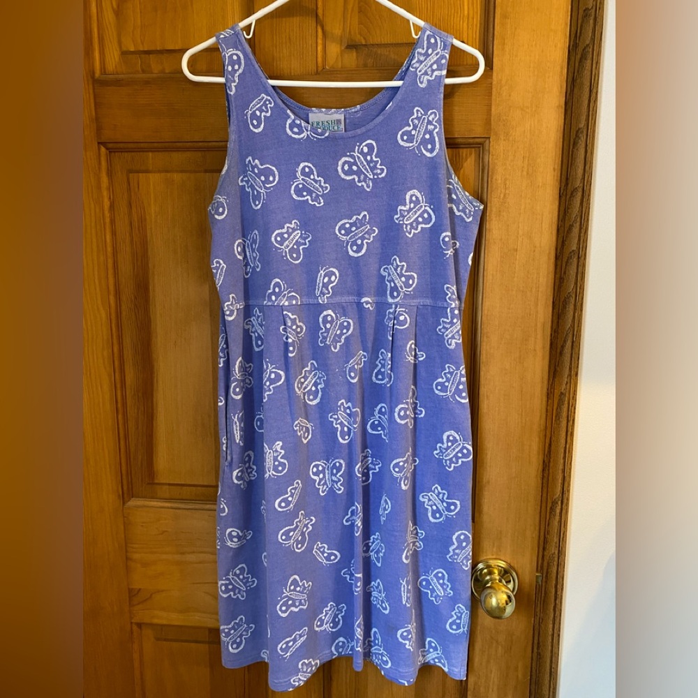 Vintage ladies Fresh Produce Butterfly Print Periwinkle Dress
